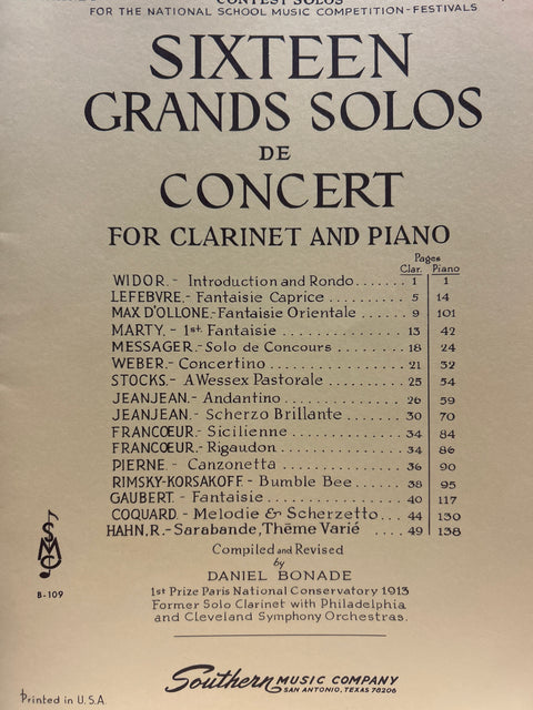 Sixteen Grands Solos de Concert for Clarinet and Piano - Bonade