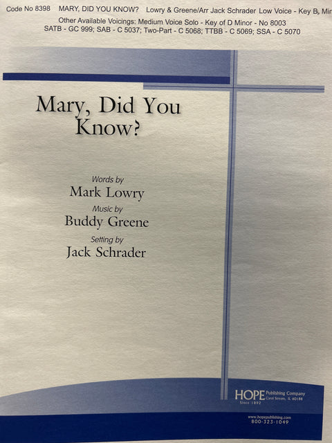 Mary, Did You Know? - Low Voice - Lowry / Greene / Schrader
